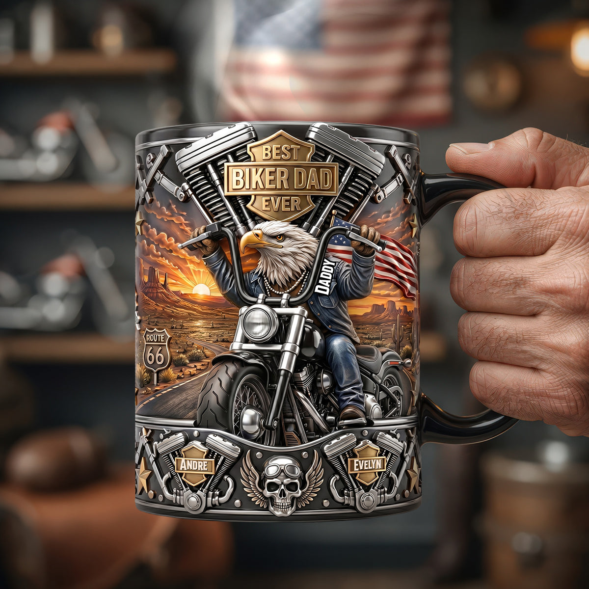 Bald Eagle Dad On Motorcycle Magic Mug, Personalized Gifts For Dads 04QHDH140526-Homacus