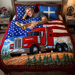 Patriotic Semi Truck Quilt Set – Personalized Gifts For Road Warriors 05TGLU120626-Homacus