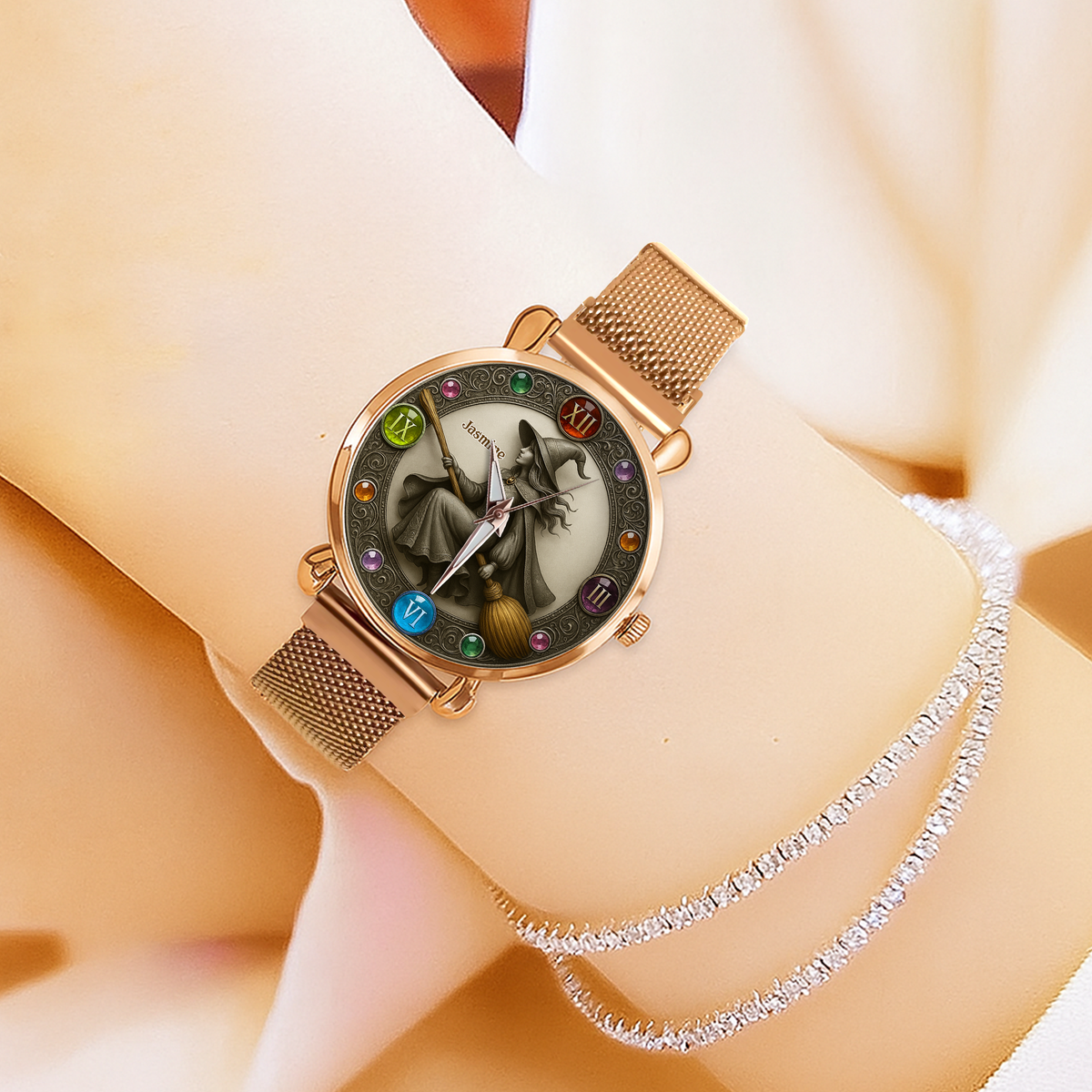 Mystical Witch On Broom Mesh Straps Watch - Personalized Gifts For Witch Lovers 04PGLU190725-Homacus
