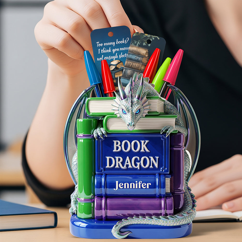 Book Dragon Wooden Pen Holder – Personalized Gifts for Book Lovers 02naqn010825-Homacus