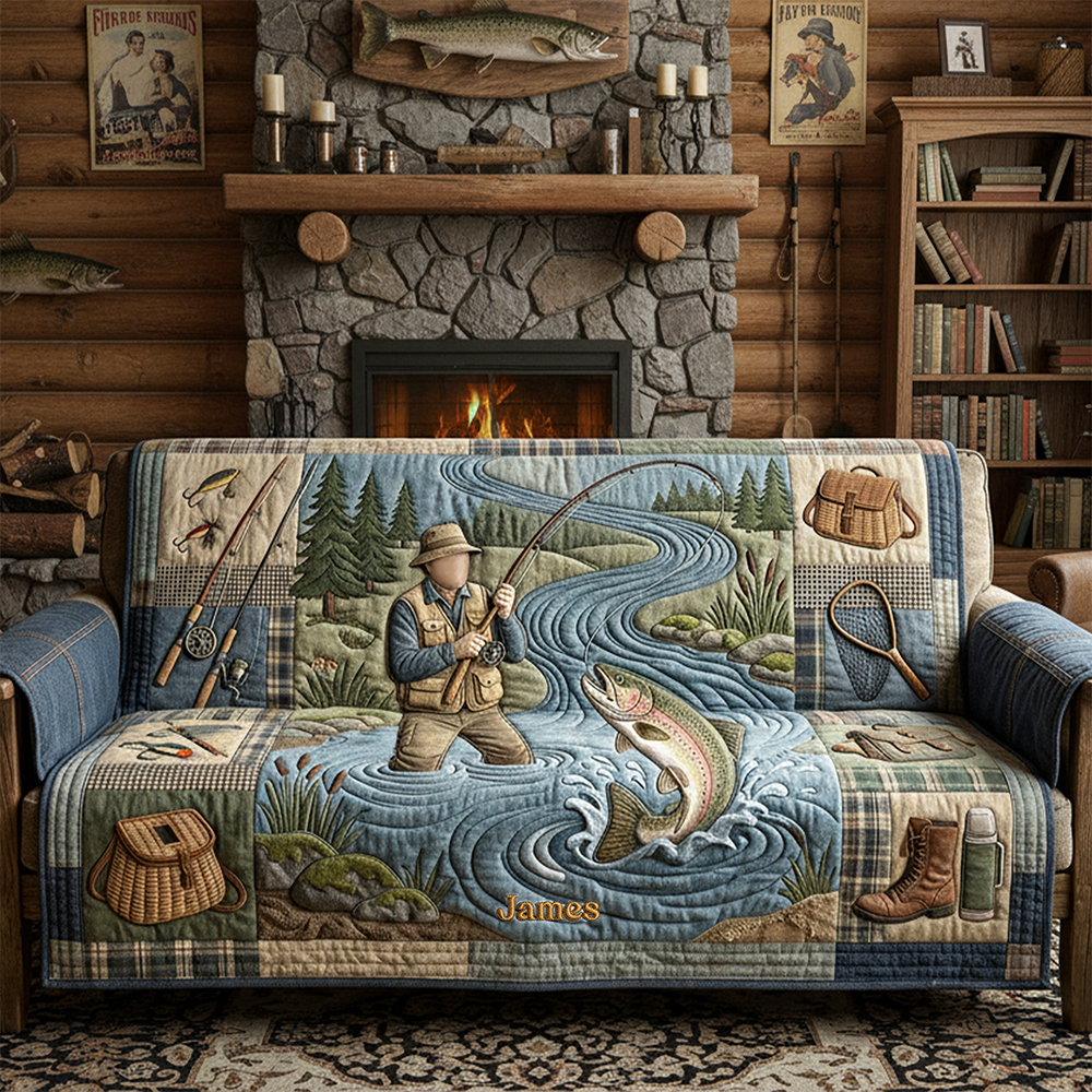 Hooked On Fishing Quilted Sofa Cover - Personalized Gifts For Fishing Lovers 03PATA260126-Homacus