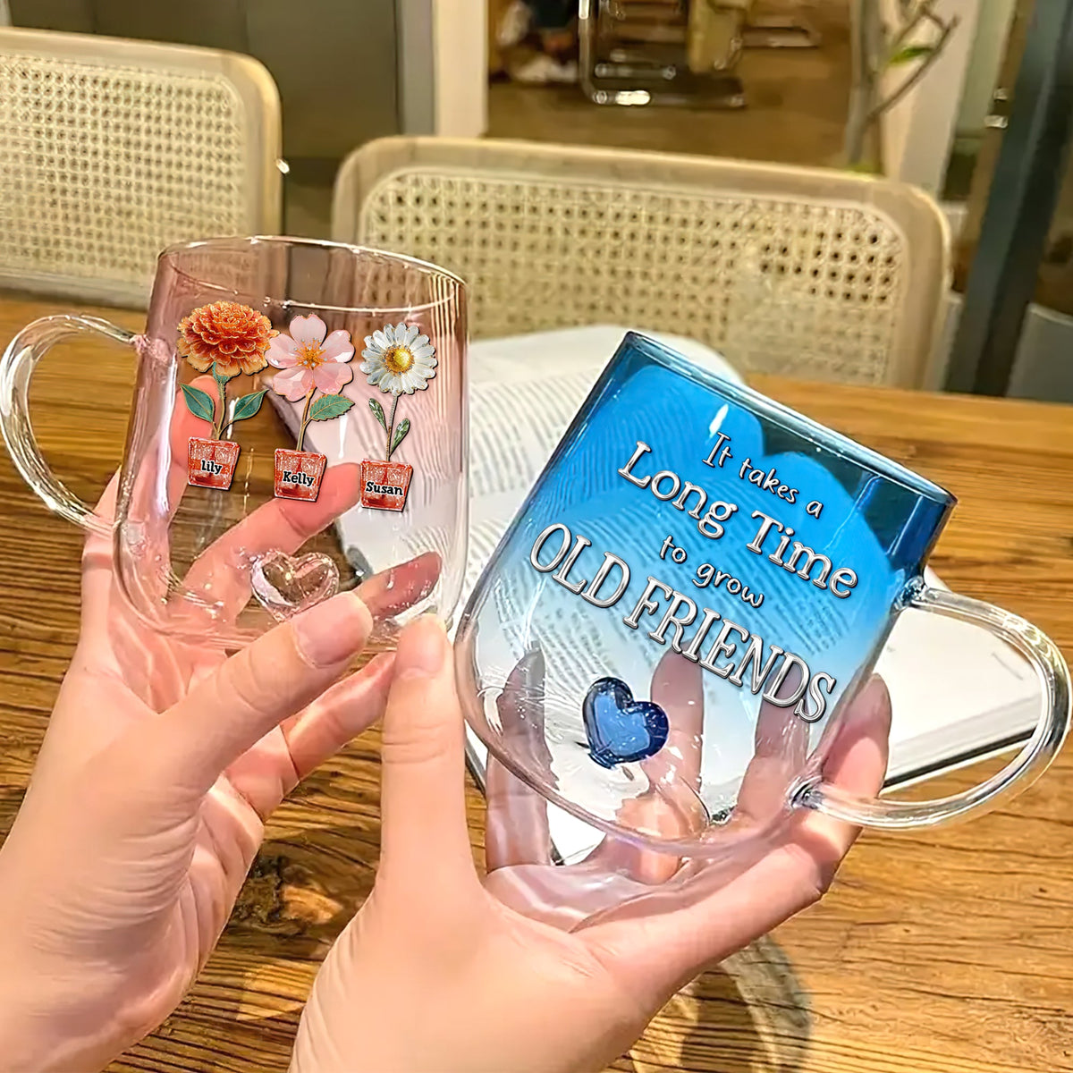 Flowers Old Friend Heart Glass Mug Personalized Gifts For Friends 04TGDT130625-Homacus