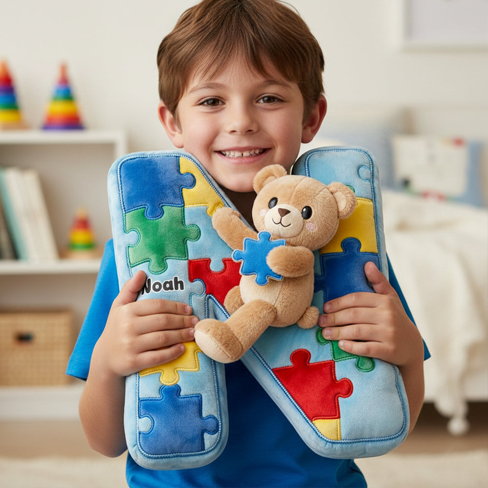 Autism Bear Alphabet Initial Letter Custom Shaped Pillow - Personalized Gifts For Kids 04natn101225-Homacus