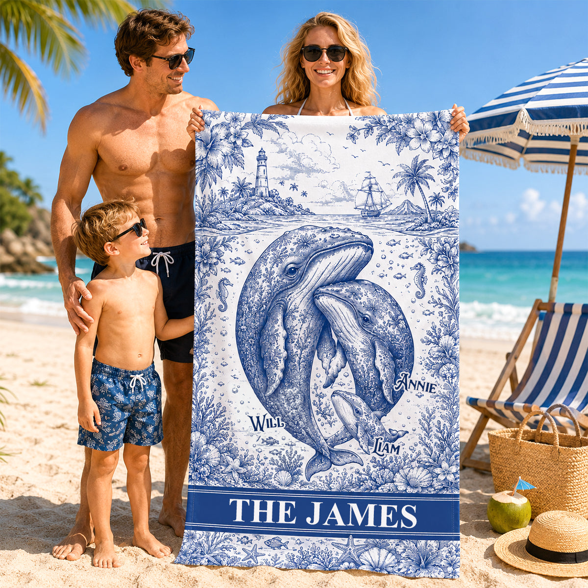 Toile De Jouy Whale Family Beach Towel, Personalized Gift For Family 05qhdh180726-Homacus