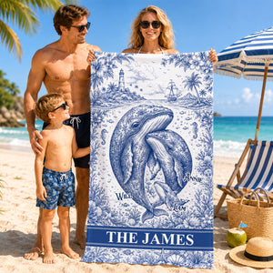 Toile De Jouy Whale Family Beach Towel, Personalized Gift For Family 05qhdh180726-Homacus