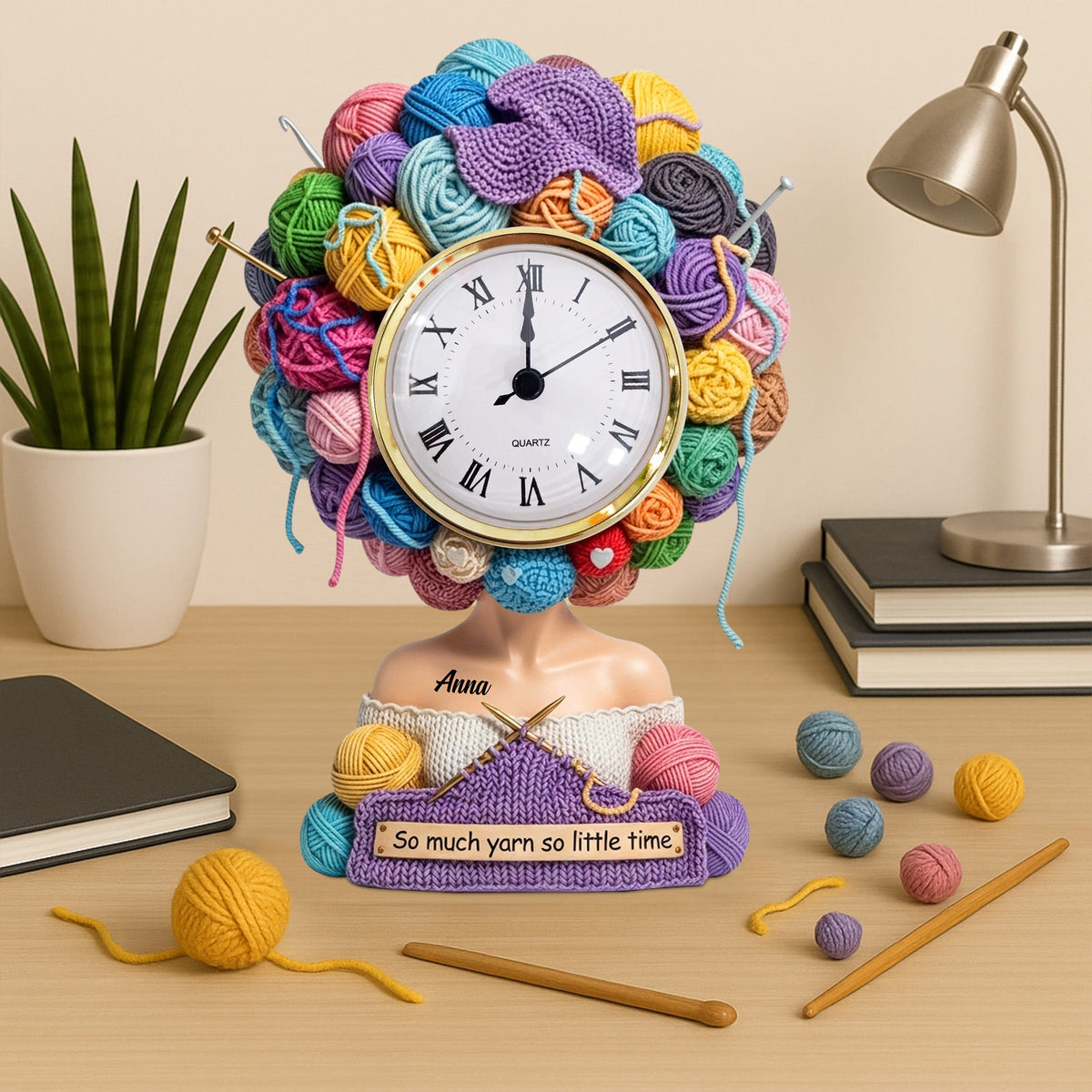 Yarn Head Girl Desk Clock - Personalized Christmas Gifts For Knitter & Crocheter 04QHTN030625-Homacus