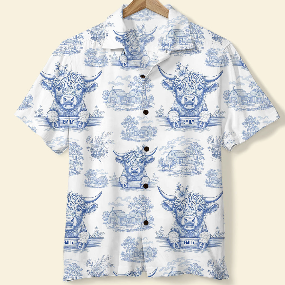 Personalized Gifts For Highland Cow Lovers Hawaiian Shirt, Vintage Blue Toile Pattern 03QHDT110625-Homacus