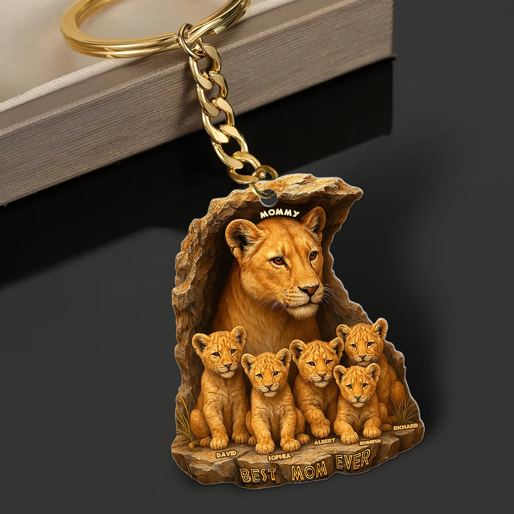 Personalized Gifts For Mom Keychain 06xqqn040425 Lion Mom & Little Cubs-Homacus