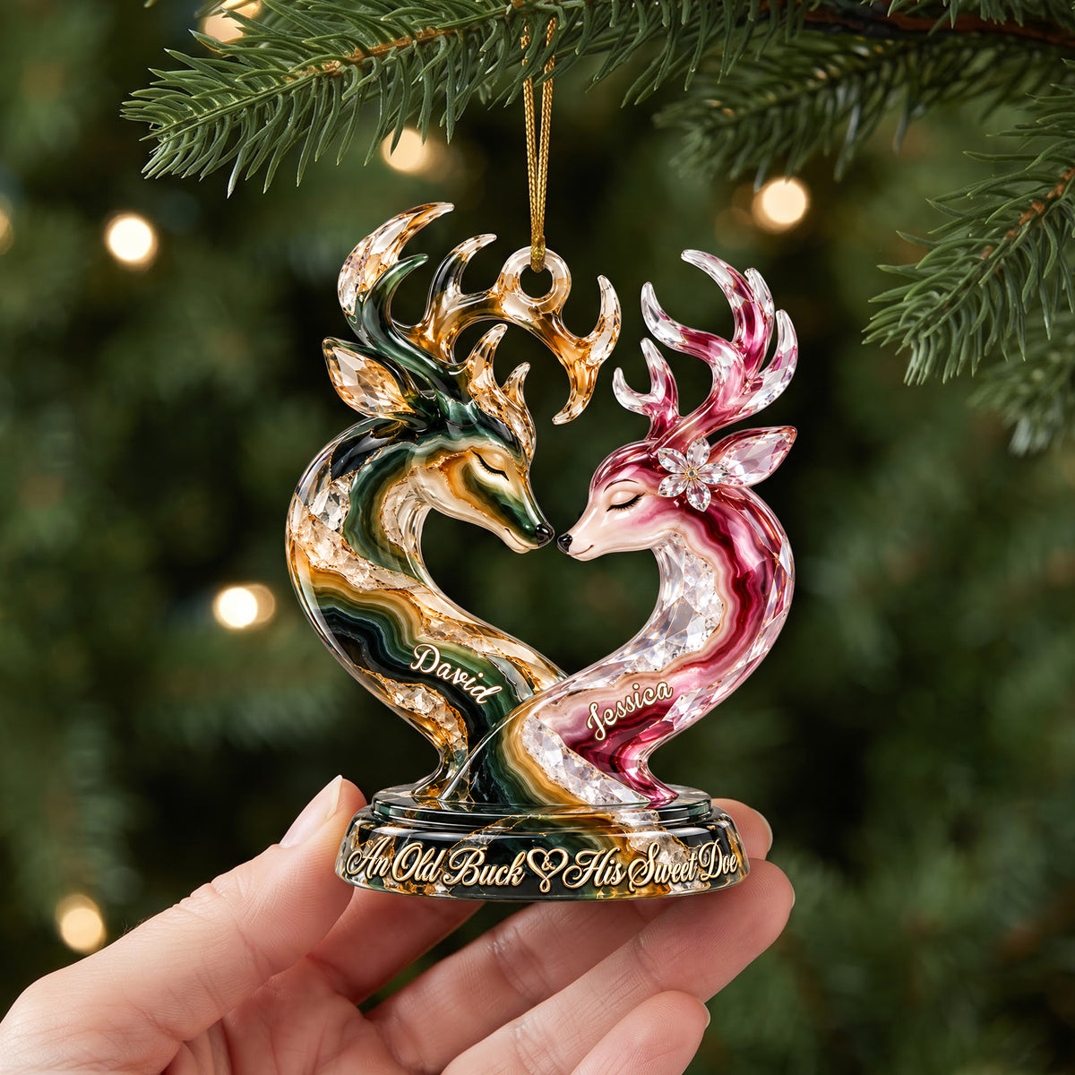 Old Buck And his Sweet Doe Marble Effect Ornament, Personalized Gifts For Couple 06QHLU141026-Homacus