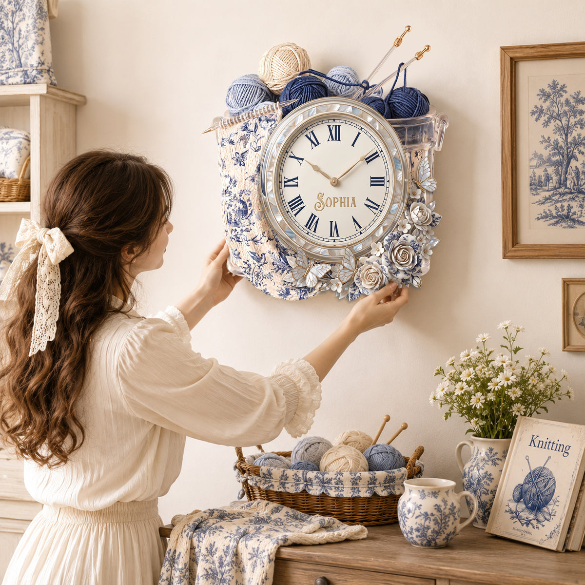 Toile De Jouy Floral Knitting Hanging Wall Clock - Personalized Gifts For Knitting Lovers 07palu080826
