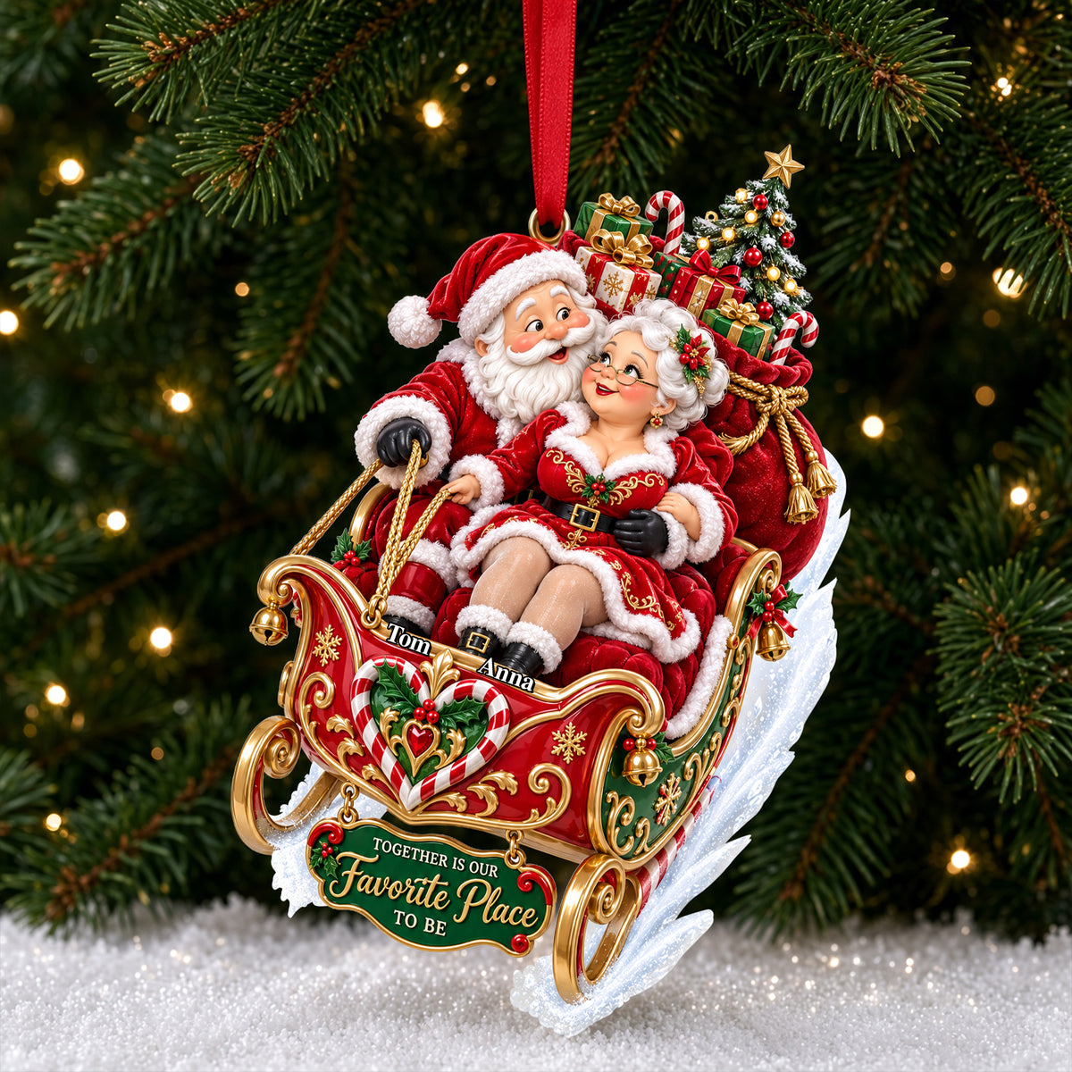 Xmas Santa Couple Riding in A Santa Sleigh Acrylic Ornament - Personalized Christmas Gifts For Couples 07qhlu140926