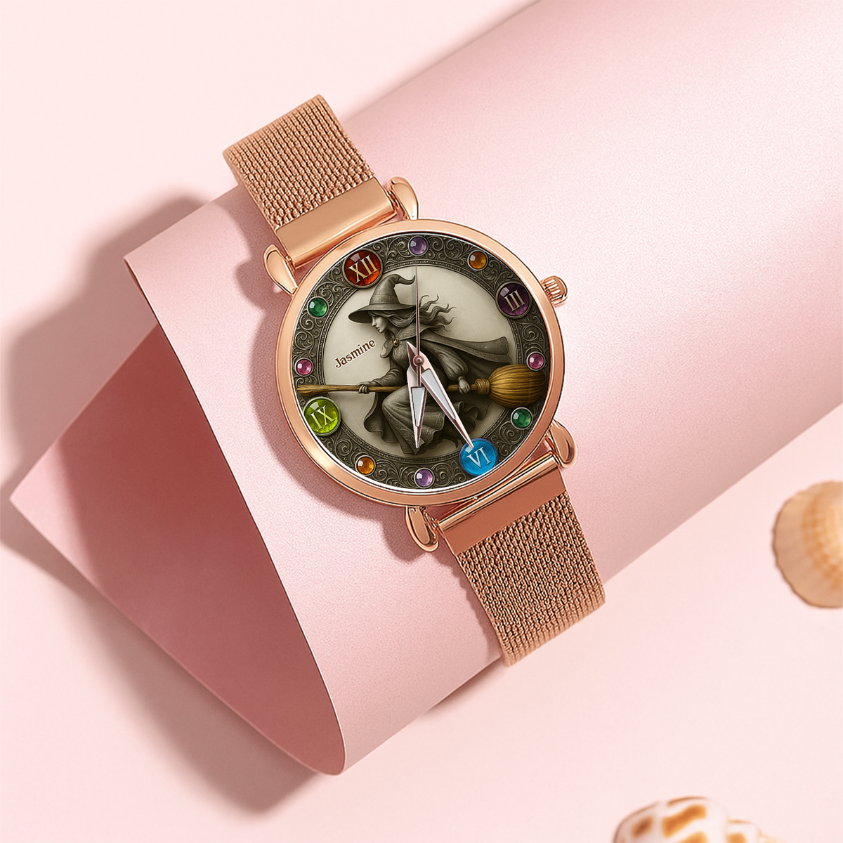 Mystical Witch On Broom Mesh Straps Watch - Personalized Gifts For Witch Lovers 04PGLU190725-Homacus