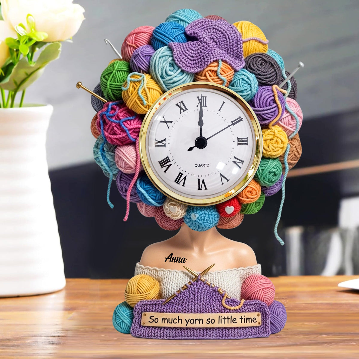 Yarn Head Girl Desk Clock - Personalized Christmas Gifts For Knitter & Crocheter 04QHTN030625-Homacus
