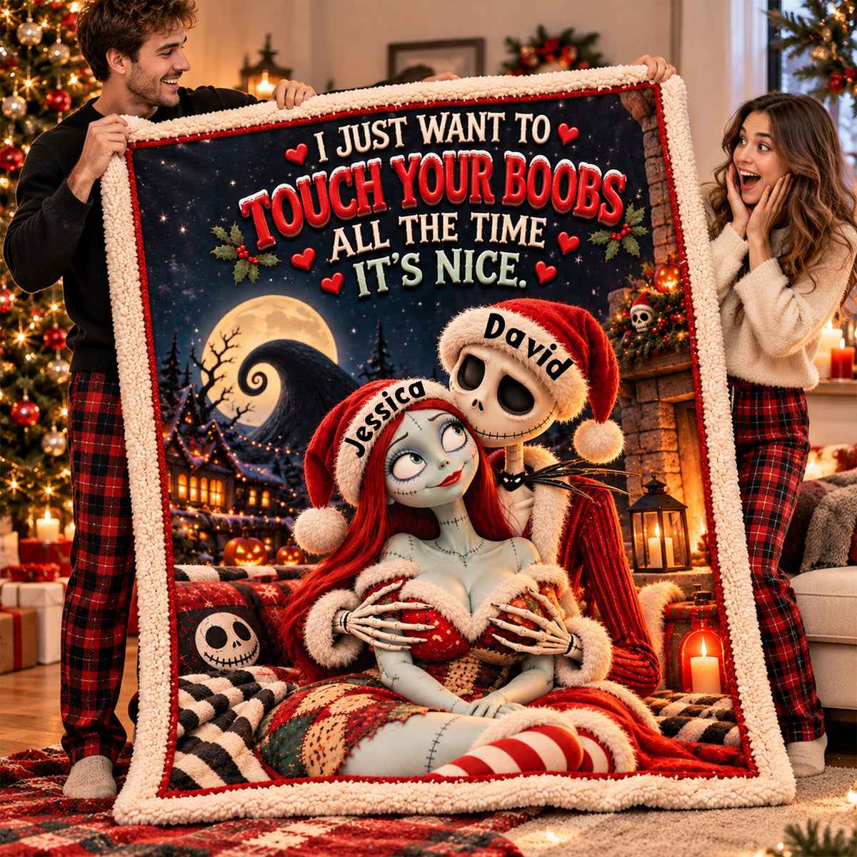 Cheeky Horror Couple Blanket - Personalized Gifts For Couple Christmas Blanket 02NALU121026-Homacus