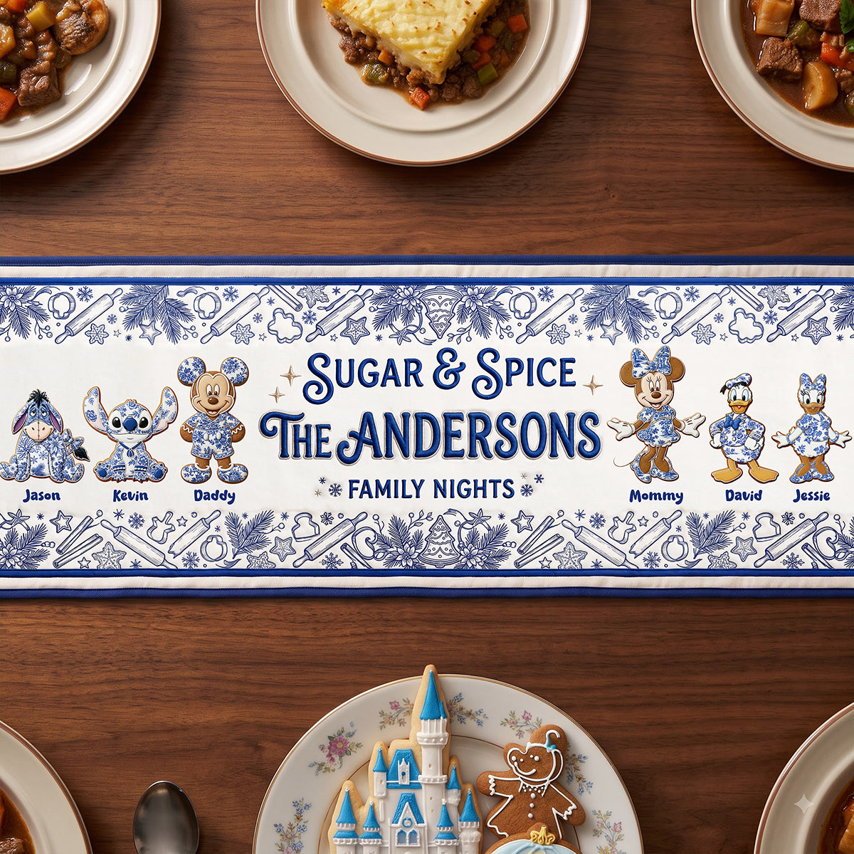 Family Gingerbread Toile de Jouy Blue Floral Quilted Table Runner - Personalized Gifts For Family 04pgta260826