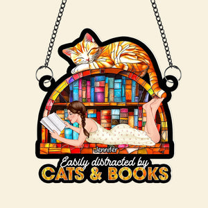 Personalized Gifts For Book Lovers Suncatcher Ornament 02xqqn030125tm Easily Distracted By Cats And Books-Homacus