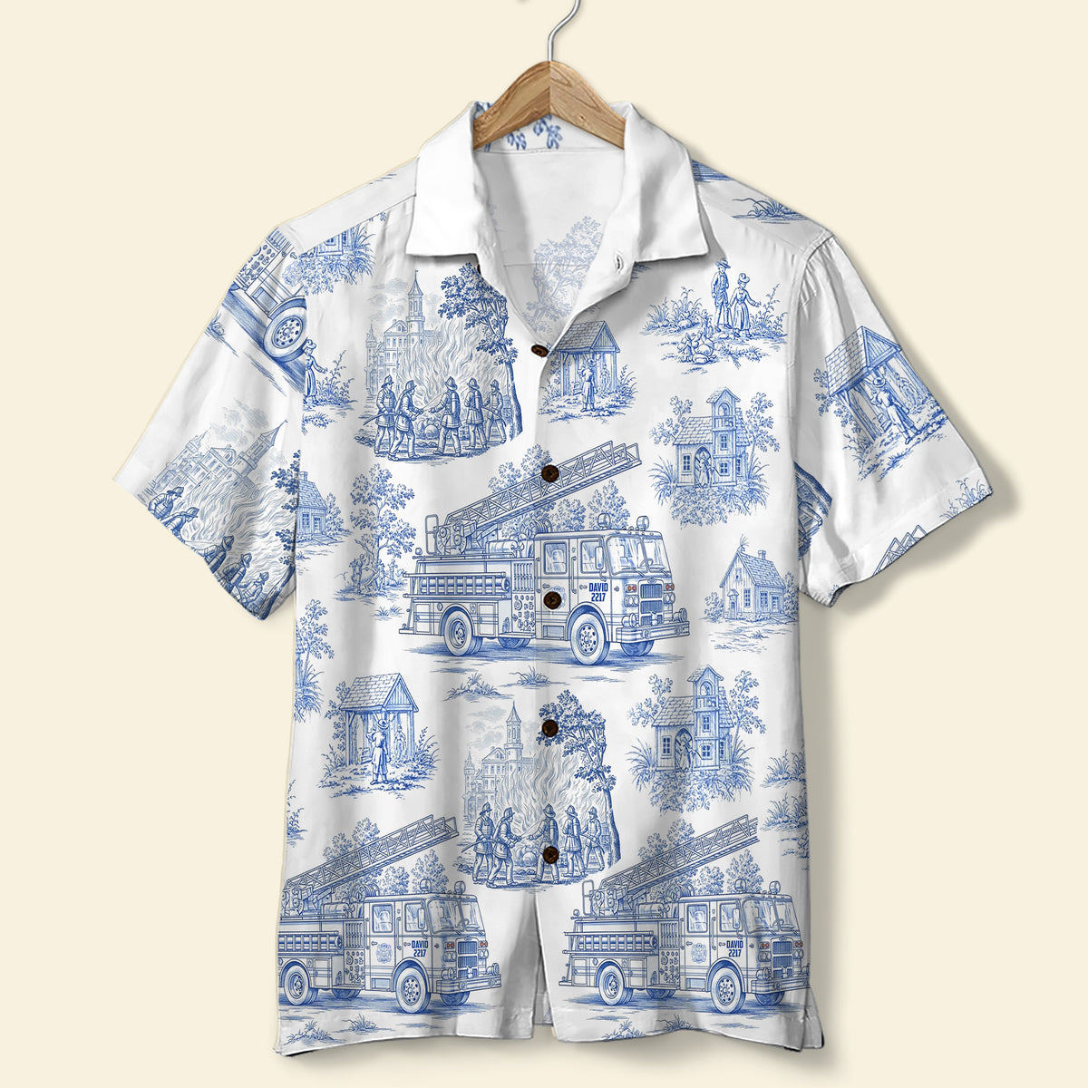 Personalized Gifts For Firefighter Hawaiian Shirt, Vintage Toile Blue Fire Truck Pattern 03qhtn110625-Homacus