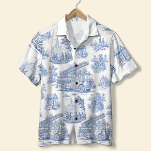 Personalized Gifts For Firefighter Hawaiian Shirt, Vintage Toile Blue Fire Truck Pattern 03qhtn110625-Homacus