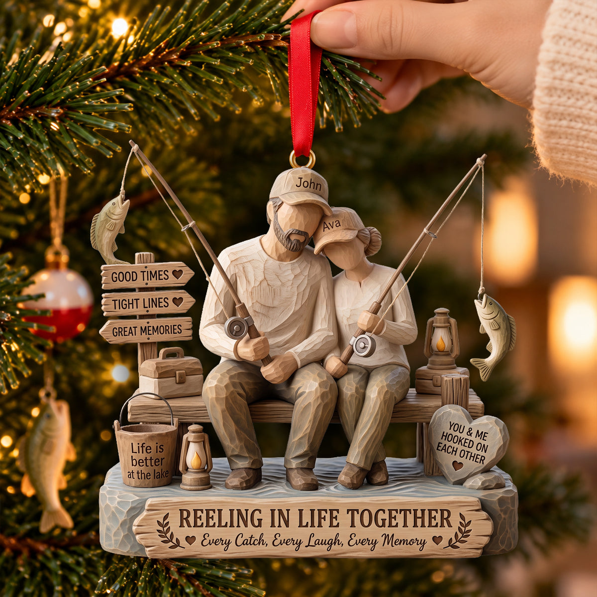 Attached Fishing Couple Wood Effect Ornament - Personalized Gifts For Fishing Lovers 04qhlu011026