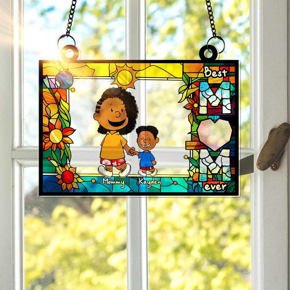 Personalized Gifts For Mom Suncatcher, Mom Holding Children's Hands Vibrant Flower Frame 02QHLU260225HH-Homacus