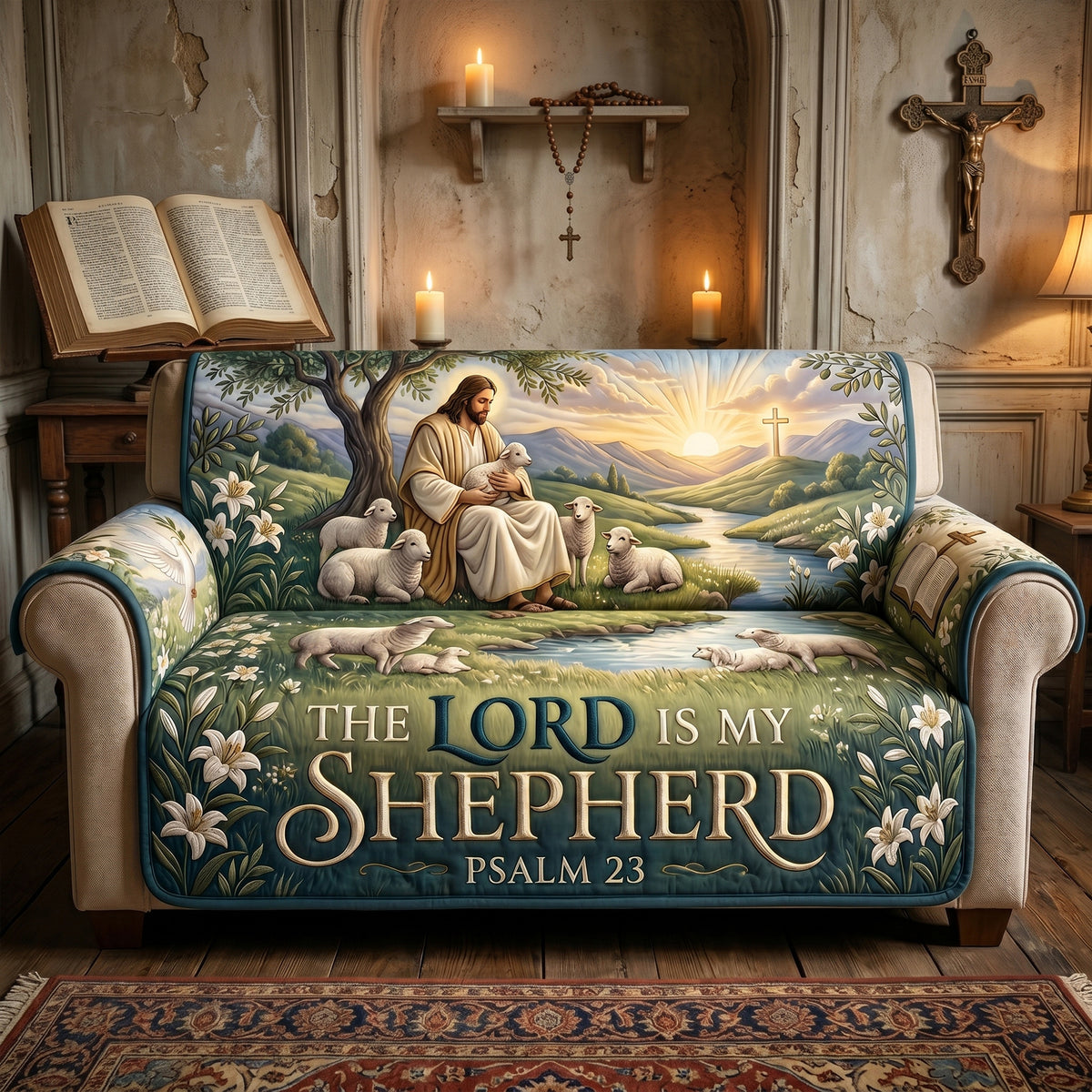 The Lord Is My Shepherd Quilted Sofa Cover - Personalized Gifts For Christians 01tylu230626-Homacus