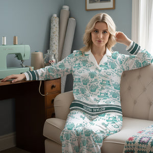 Sewing Toile de Jouy Button Up Pajama Set - Personalized Gift For Sewing Lover Christmas Pajama 06PGLU250925-Homacus