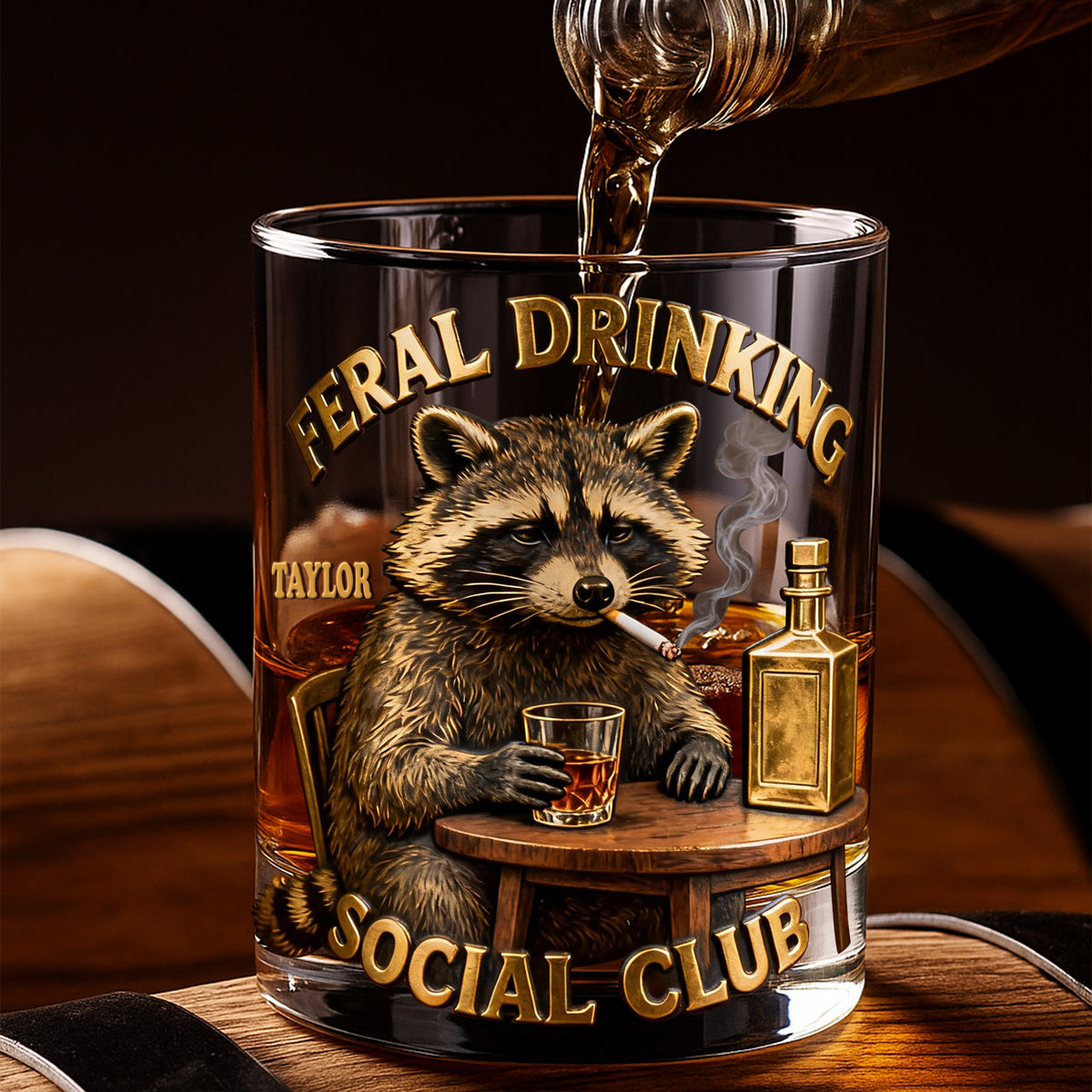 Moody Drinking Raccoon Round Glass - Personalized Gifts For Drinking Lovers 03qhlu181225-Homacus