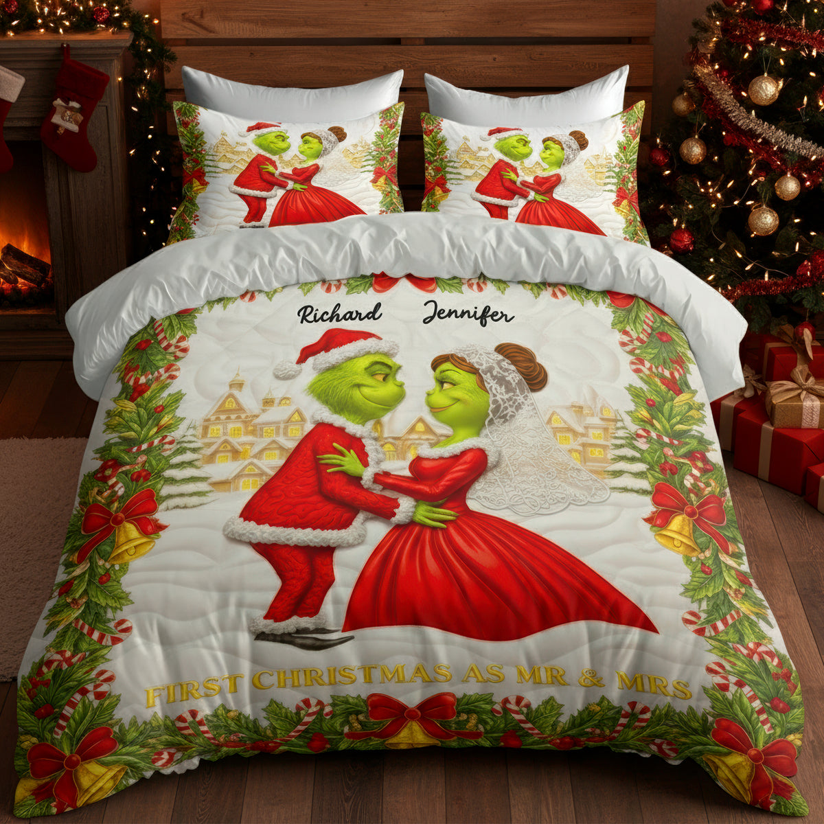 Green Monster Couple Christmas Quilt Bedding Set - Personalized Gifts For Couples 07PAQN041125-Homacus