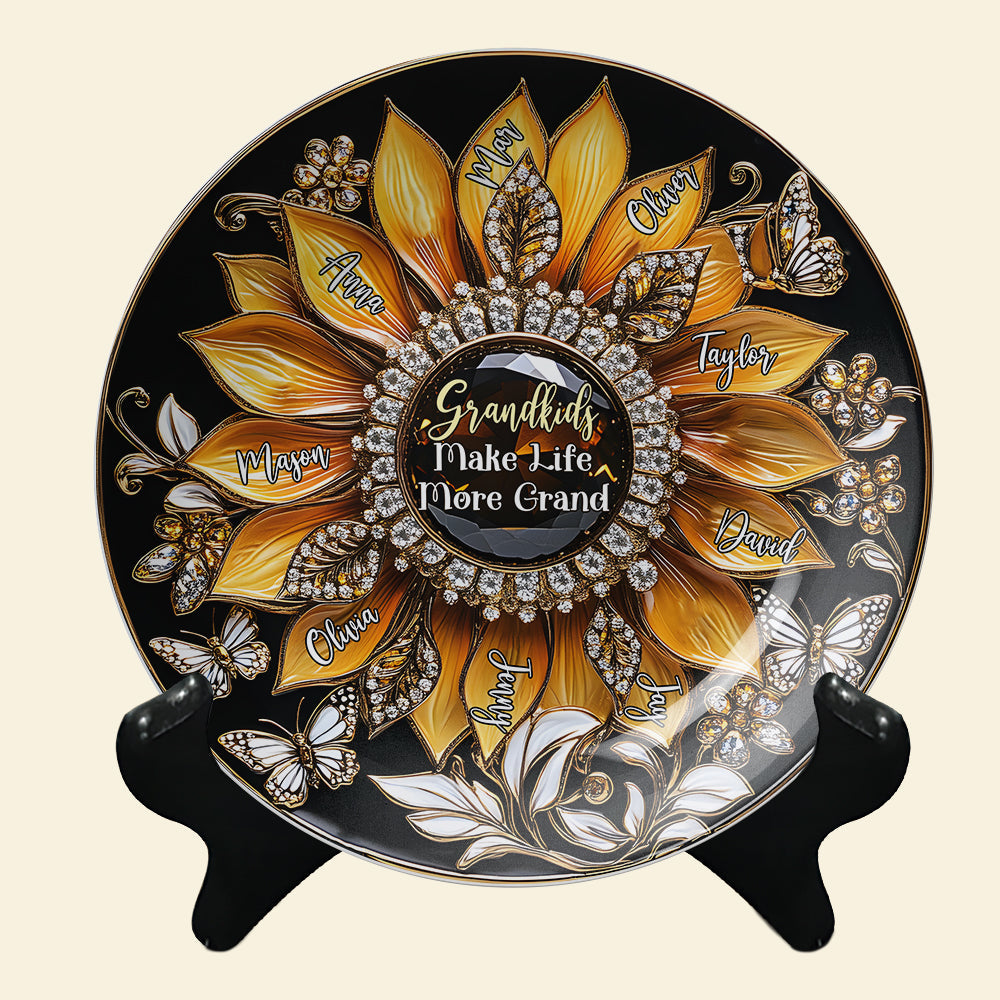 Personalized Gifts For Grandma Sunflower Round Plate, Grandkids Make Life More Grand 01TGMH140325-Homacus
