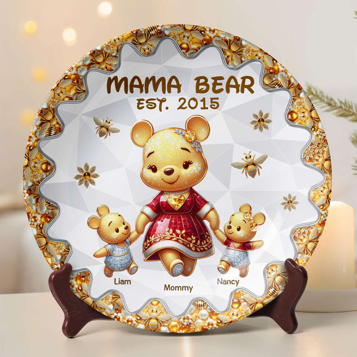 Personalized Gift For Mom Ceramic Round Plate Mother's Day Bear Mom And Kids 02TGPU210325-Homacus