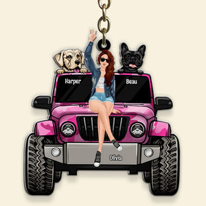 Personalized Gifts For Dog Lovers Keychain Travelling Girl With Her Dogs-Homacus