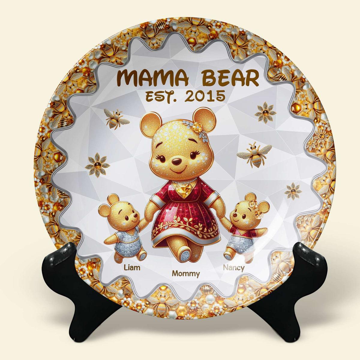 Personalized Gift For Mom Ceramic Round Plate Mother's Day Bear Mom And Kids 02TGPU210325-Homacus