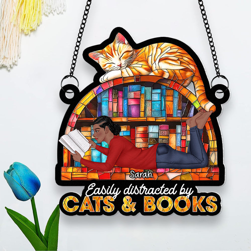 Personalized Gifts For Book Lovers Suncatcher Ornament 02xqqn030125tm Easily Distracted By Cats And Books-Homacus