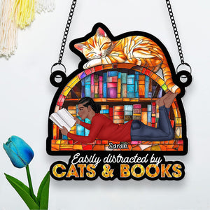 Personalized Gifts For Book Lovers Suncatcher Ornament 02xqqn030125tm Easily Distracted By Cats And Books-Homacus