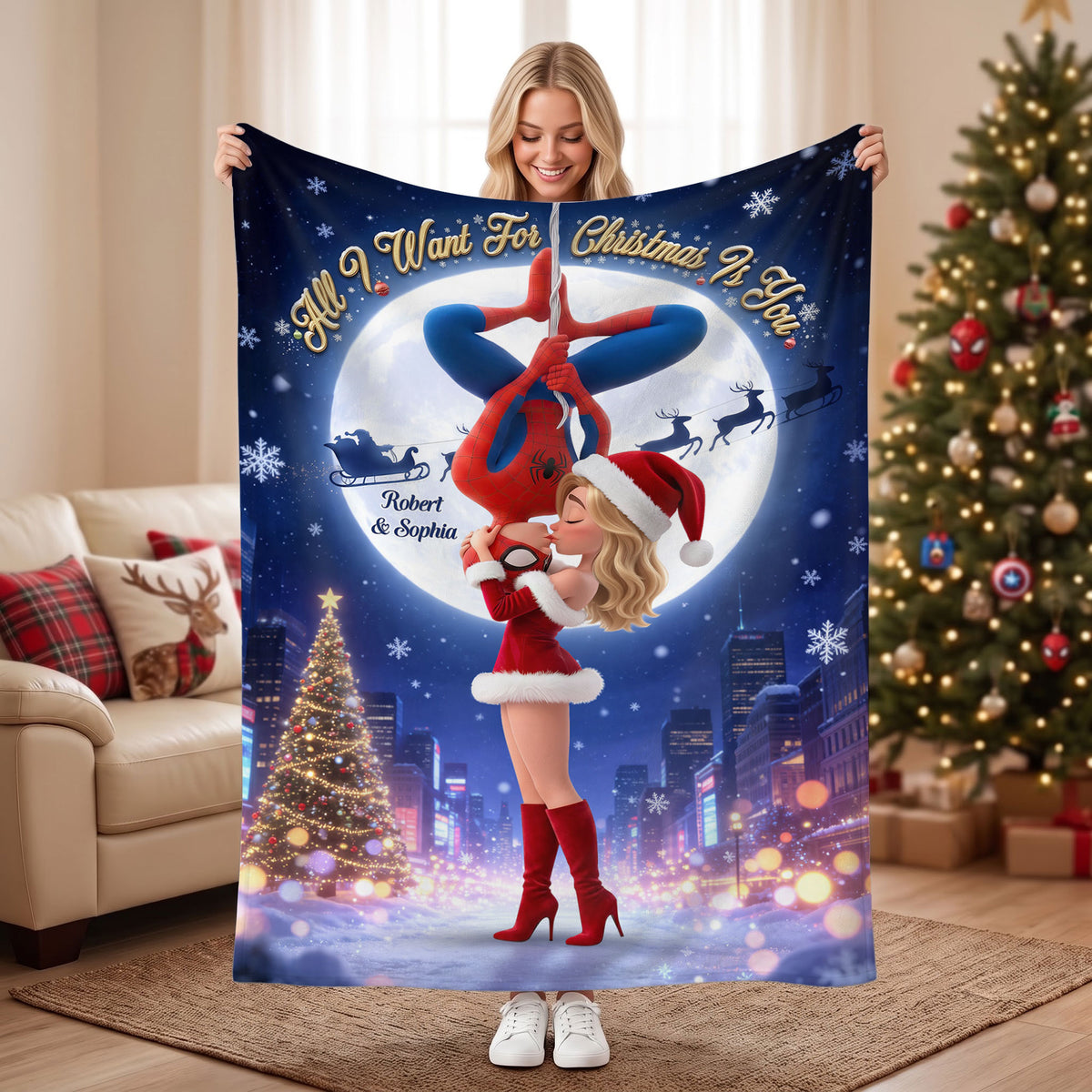 Kissing Couple Christmas Blanket - Personalized Gifts For Couple Blanket 02HUTI290826