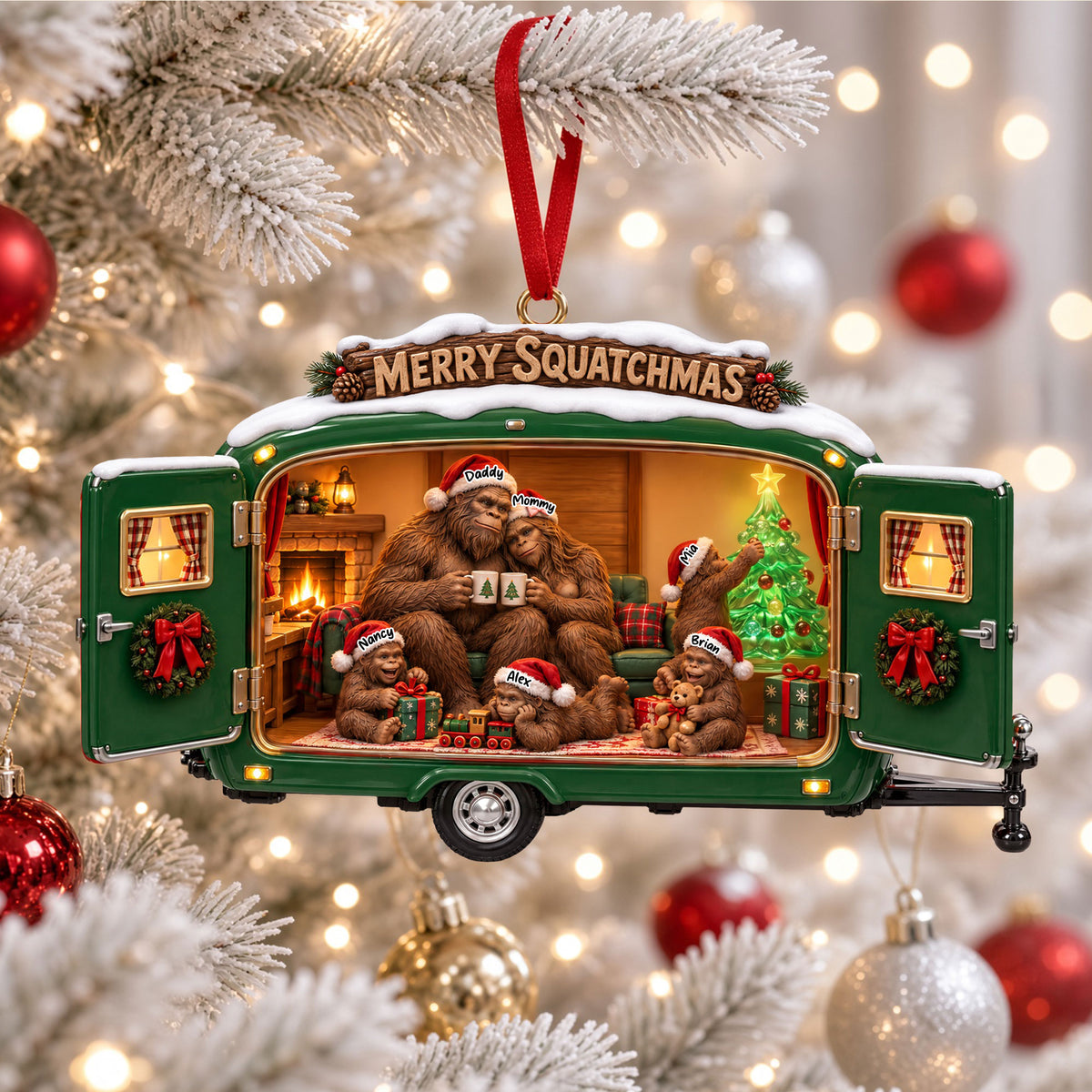Cozy Camping Bigfoot Family Ornament - Personalized Christmas Gifts For Camping & Bigfoot Lovers 02qhti131026
