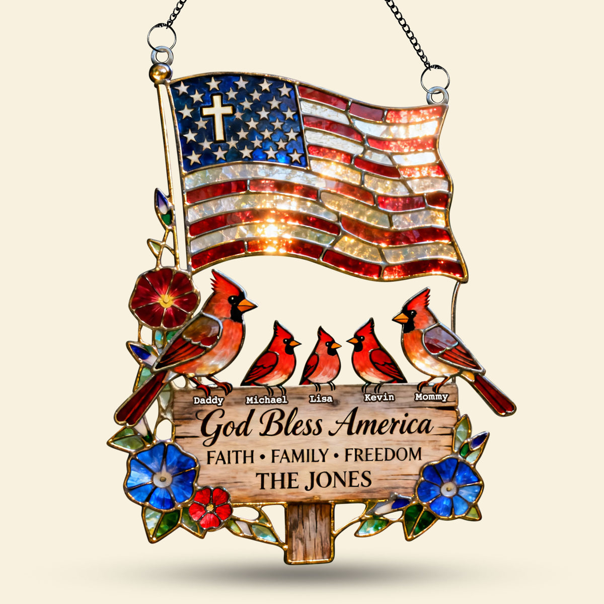 Peaceful American Cardinal Family Under God Suncatcher, Personalized Gifts For Family 03qhti030626