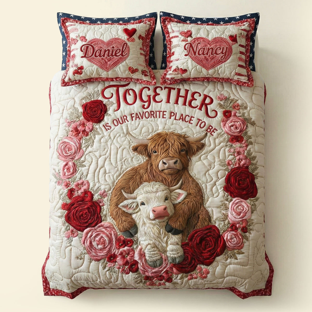 Cute Romantic Cow Couple Quilt Bed Set, Personalized Gifts For Couple 04qhti200126-Homacus