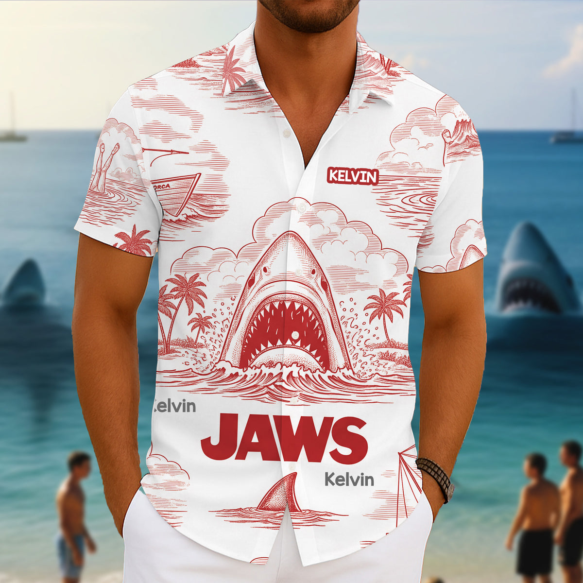 Shark Toile De Jouy Style Hawaiian Shirt - Personalized Gifts For Movie Lovers 02namg150725-Homacus
