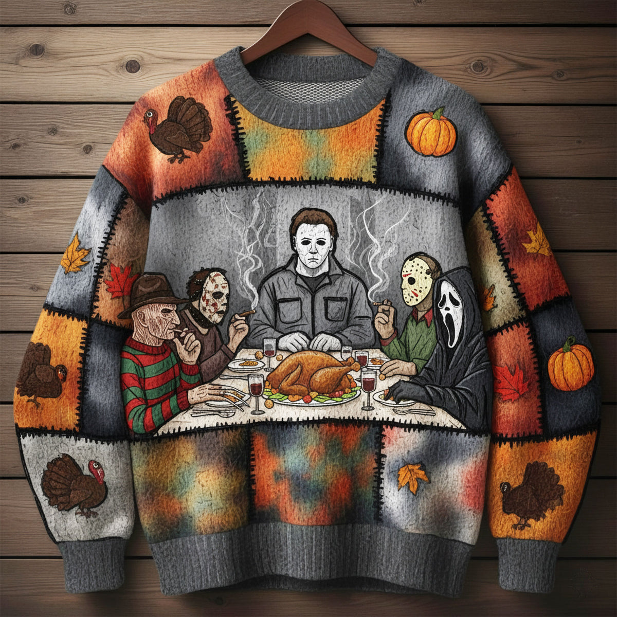Slashers Thanksgiving Dinner Ugly Sweater, Personalized Gifts For Horror Lovers 04qhti290825-Homacus