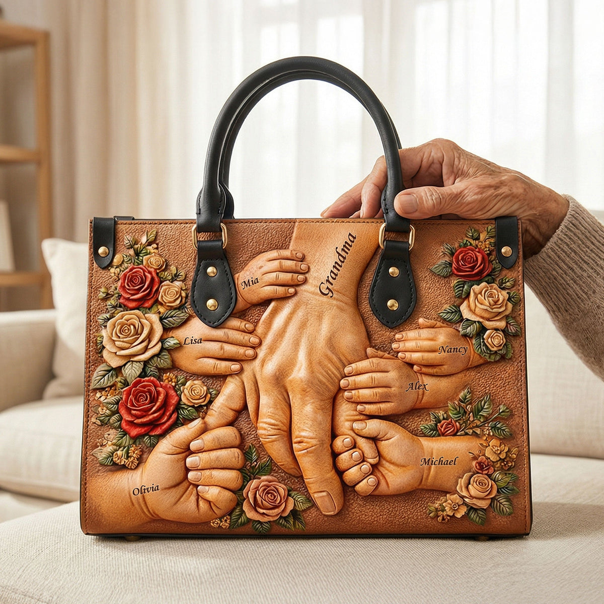 Grandma Holding Hands Leather Bag - Personalized Gift For Grandma 03HUTI070226-Homacus
