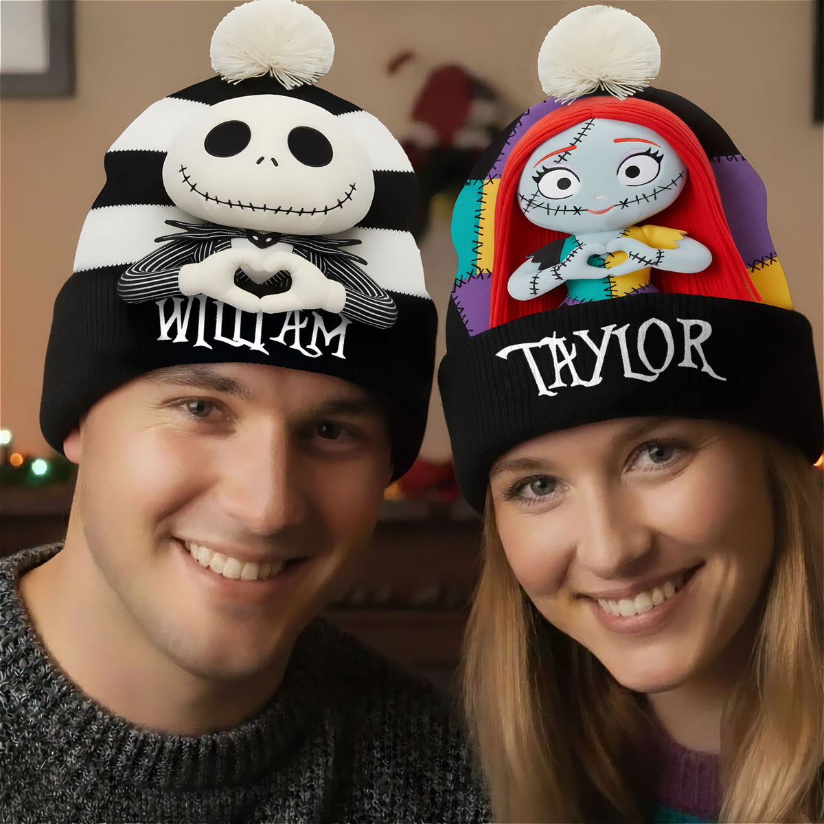 Spooky Couple Bobble Beanie Hat - Personalized Gifts For Couple 01nati260925-Homacus