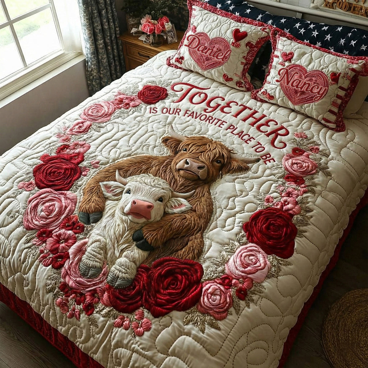 Cute Romantic Cow Couple Quilt Bed Set, Personalized Gifts For Couple 04qhti200126-Homacus