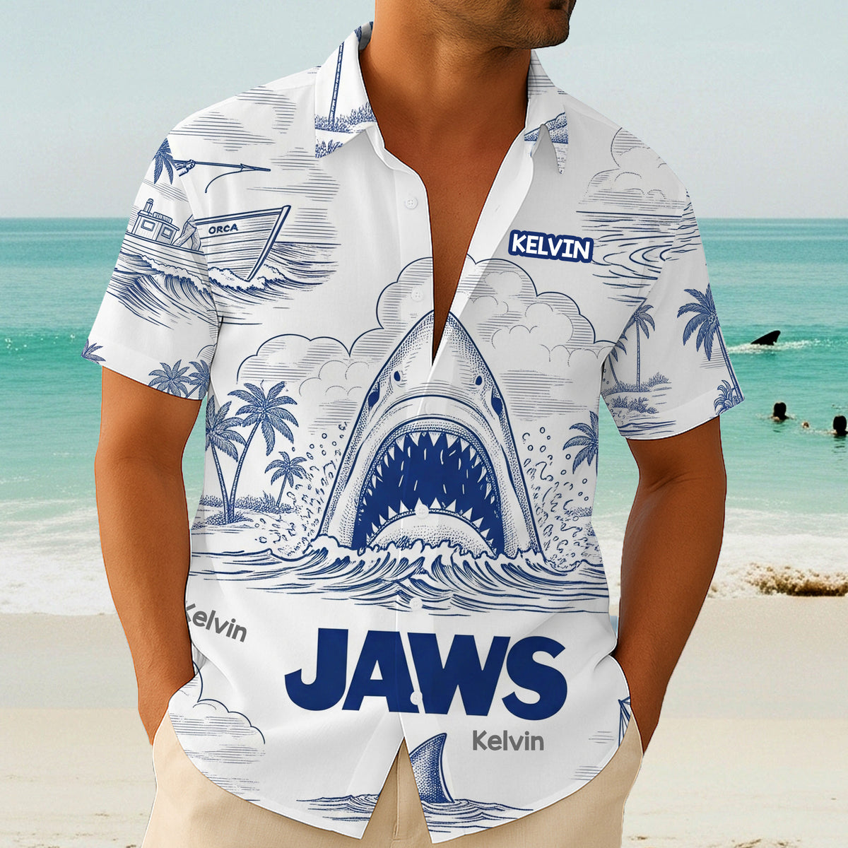 Shark Toile De Jouy Style Hawaiian Shirt - Personalized Gifts For Movie Lovers 02namg150725-Homacus