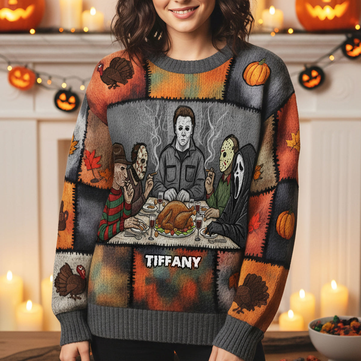 Slashers Thanksgiving Dinner Ugly Sweater, Personalized Gifts For Horror Lovers 04qhti290825-Homacus