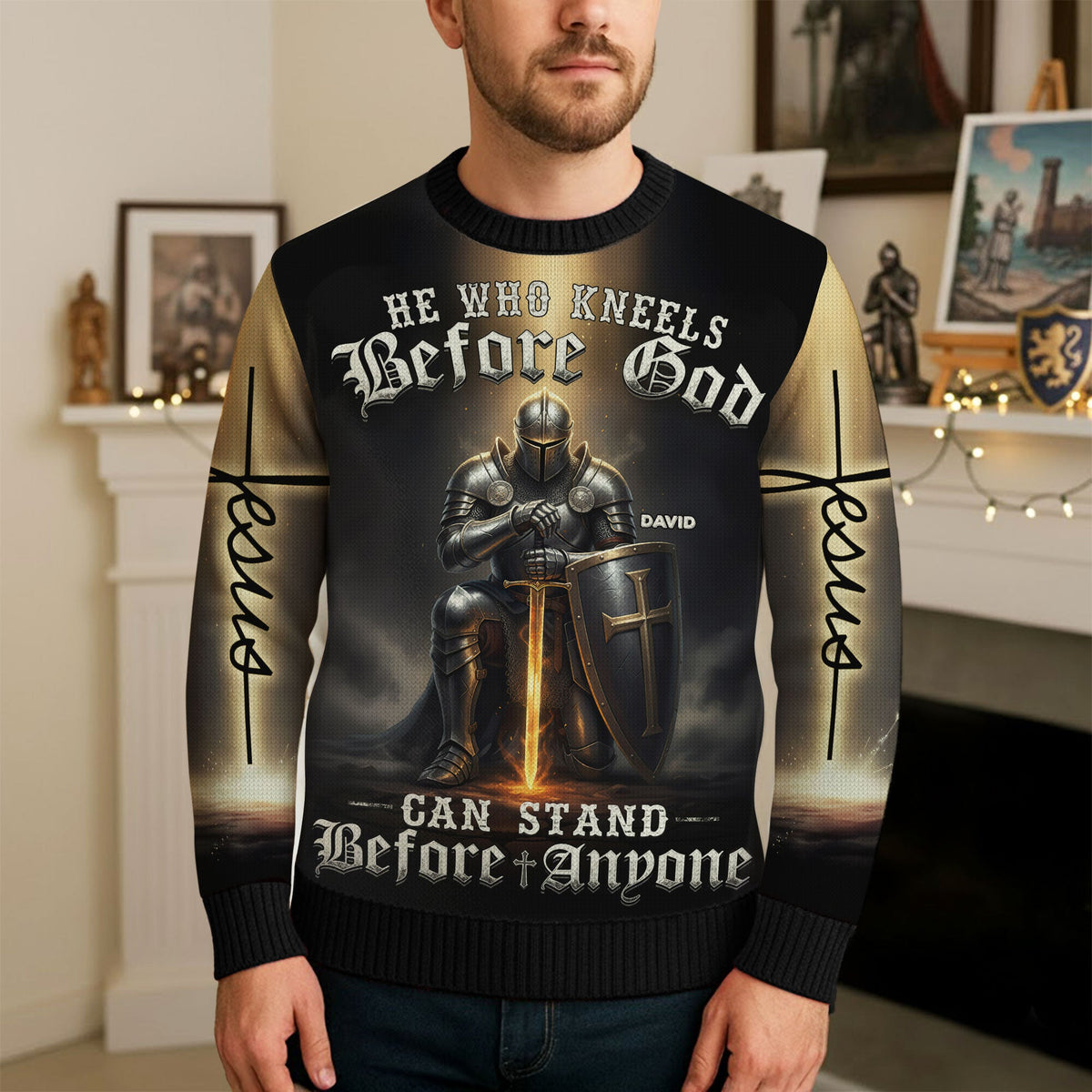 Kneeling Knight Knitted Ugly Sweater - Personalized Gifts For Christian Ugly Sweater 03HUTI211025-Homacus
