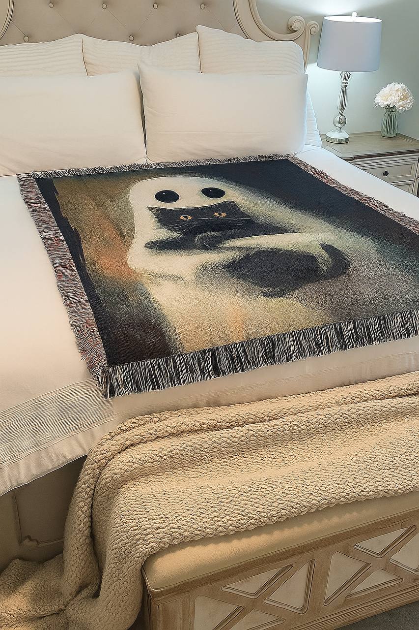 Ghost Hug Black Cat Woven Blanket - Spooky Gift For Ghost Lovers 48laxx180725-Homacus