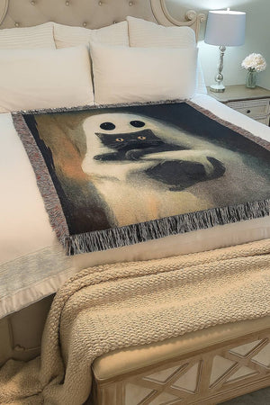 Ghost Hug Black Cat Woven Blanket - Spooky Gift For Ghost Lovers 48laxx180725-Homacus