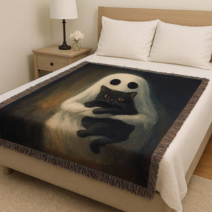 Ghost Hug Black Cat Woven Blanket - Spooky Gift For Ghost Lovers 48laxx180725-Homacus