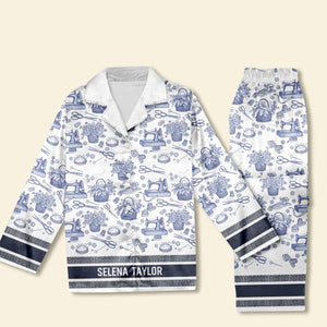 Sewing Toile de Jouy Button Up Pajama Set - Personalized Gift For Sewing Lover Christmas Pajama 06PGLU250925-Homacus